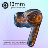 Close-up of earbuds highlighting quad microphones with Clear Call Technology for sharp voice clarity